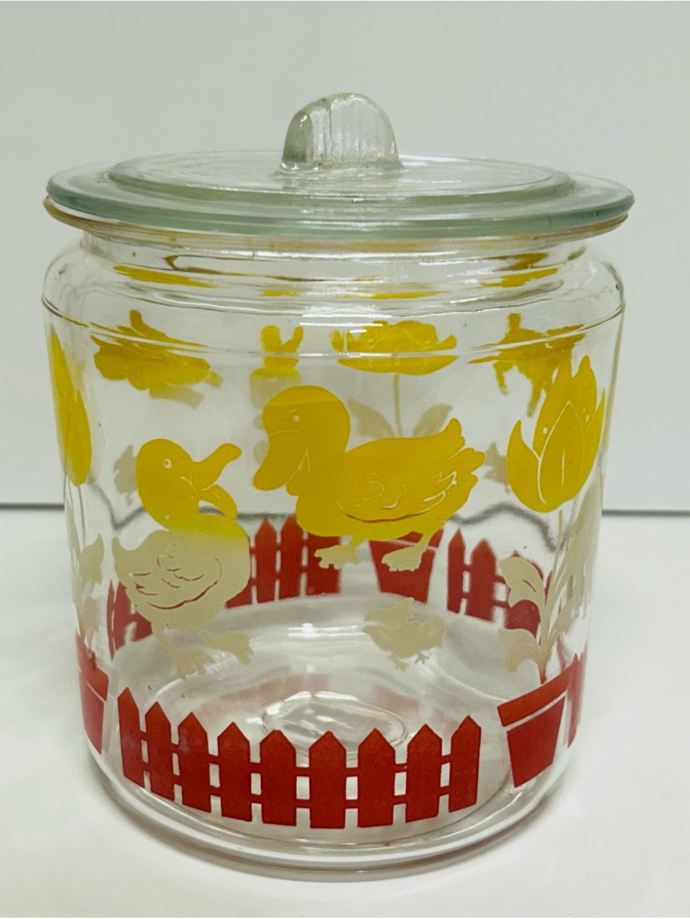 Vintage 1950's Anchor Hocking Glass Cookie Cracker Jar Bunny Lamb Duck Tulip